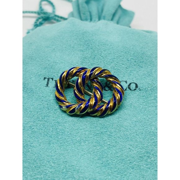 Vintage Tiffany & Co. 18K Yellow Gold & Blue Enamel Intertwined Circles Brooch